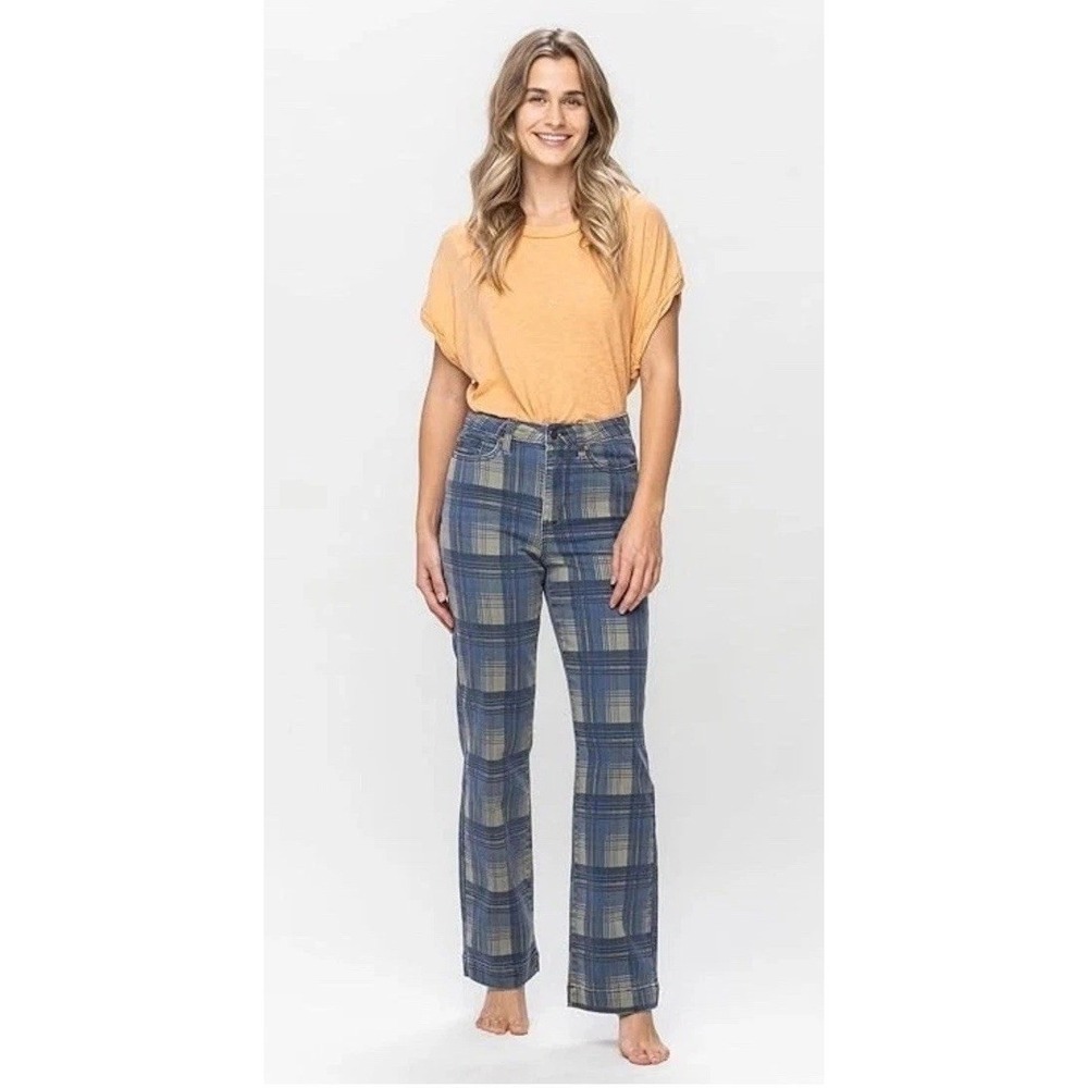 NWT Women's Judy Blue Jeans Plaid High Waist Straight Stretch Jeans Pants 22 22W